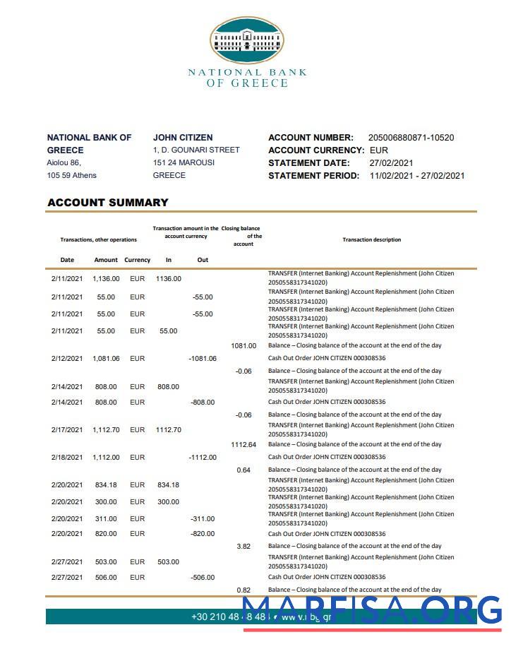 Realistic Greece National Bank of Greece bank statement excel download for verification
